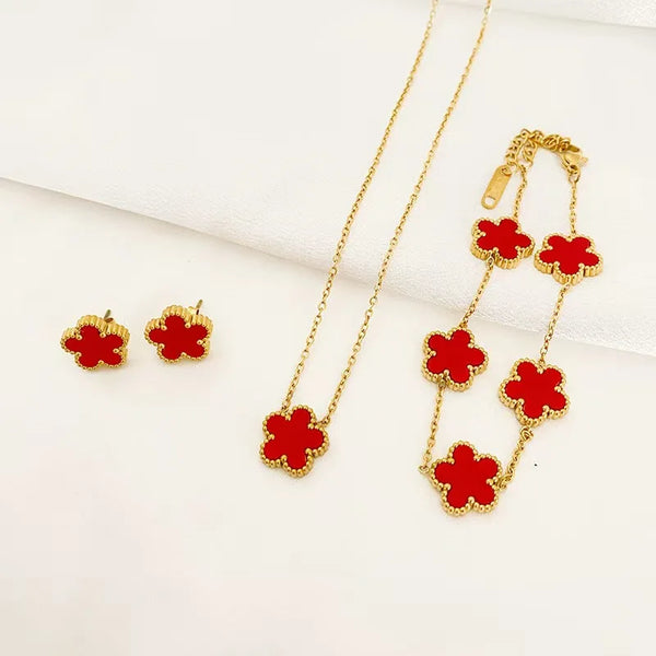 2024  Deluxe Cinquefoil Flower Pendant Necklace Earrings Bracelet Ladies Gift New Wave Stainless Steel Jewellery Set