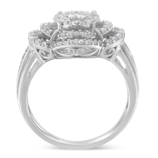 14K White Gold 1.0 Cttw Round & Baguette Cut Diamond Floral Cluster Quatrefoil Channel Set Band Cocktail Statement Ring