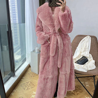 Buy pink 2023 Plus Size 5xl Winter Coat Women Fashion Belt X Long v Neck Thick Warm Faux Fox Fur Winter Coats for Women  B051