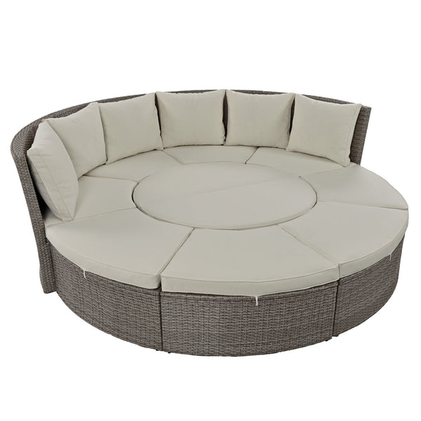 Patio 5-Piece Round Rattan Sectional Sofa Set All-Weather PE Wicker Sunbed Daybed With Round Liftable Table and Washable