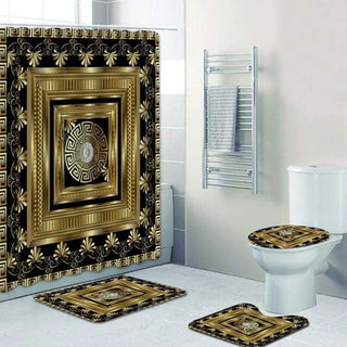 Buy 4pcs-set2 3D Luxury Black Gold Greek Key Meander Baroque Bathroom Curtains Shower Curtain Set for Bathroom Modern Geometric Bath Rug Decor