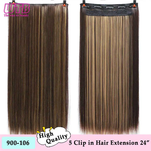 WTB Synthetic Long Straight 5 Clip in Hair Extensions 3/4 Full Head Hairpieces Natural Black to Grey Ombre Two Tones Fake Hair