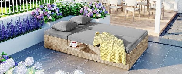 Outdoor Double Sunbed, Wicker Rattan Patio Reclining Chairs With Adjustable Backrest and Seat, Conversational Set for 2