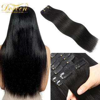 Doreen European Clip in Hair Extensions Real Natural Hairpiece Clip on 100% Human Hair Clip in  Full Head Set 120G 160G 14 to 22