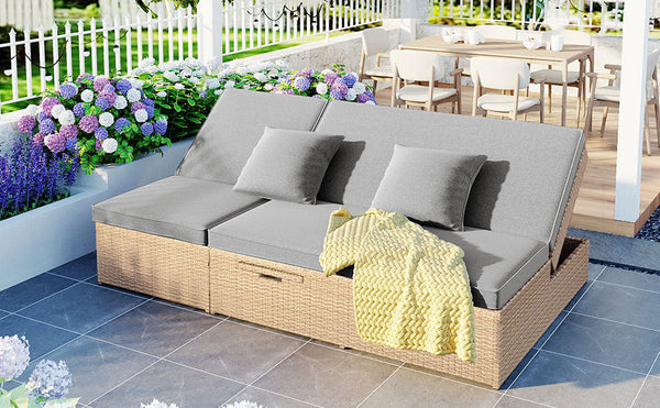 Outdoor Double Sunbed, Wicker Rattan Patio Reclining Chairs With Adjustable Backrest and Seat, Conversational Set for 2