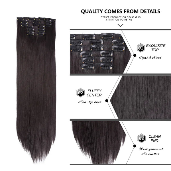 Leeons 16Clips Long Straight Synthetic Clip on Hair Extensions Cheveux Clip Naturel High Temperature Fiber Black Brown Hairpiece