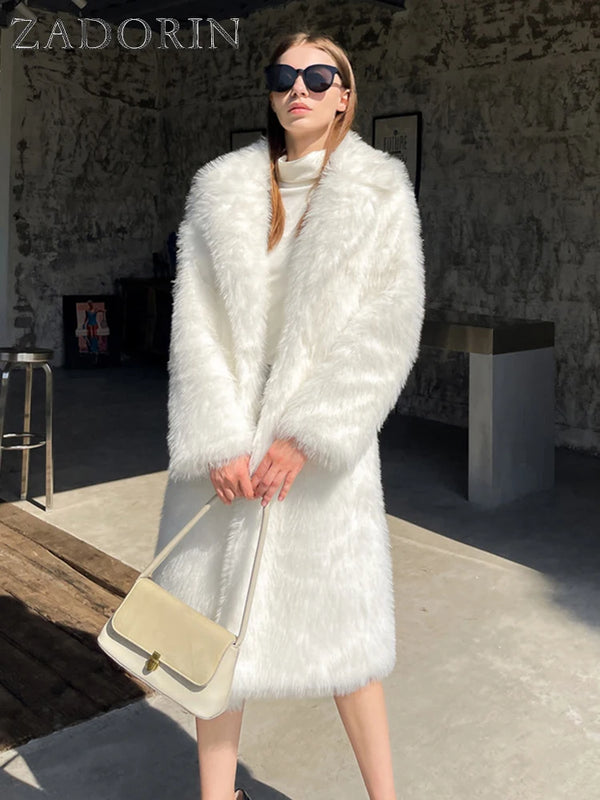 ZADORIN 2024 Winter Fluffy Jacket Women Solid Lapel Long Faux Fox Fur Coat Ladies Furry Warm Pink White Jacket Trench Coats Tops