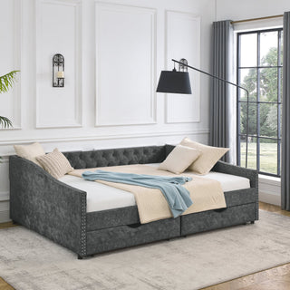 Queen Size Daybed With Drawers Upholstered Tufted Sofa Bed,,with Button on Back and Copper Nail on Waved Shape Arms, Gre