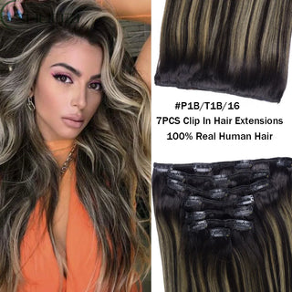 Hair Extensions Clip in Human Hair 7PCS Balayage Natural Black to Golden Blonde Clip in Hair Extension Real Human Hair Extension