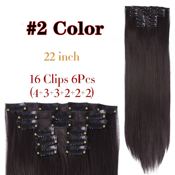 Leeons 16Clips Long Straight Synthetic Clip on Hair Extensions Cheveux Clip Naturel High Temperature Fiber Black Brown Hairpiece