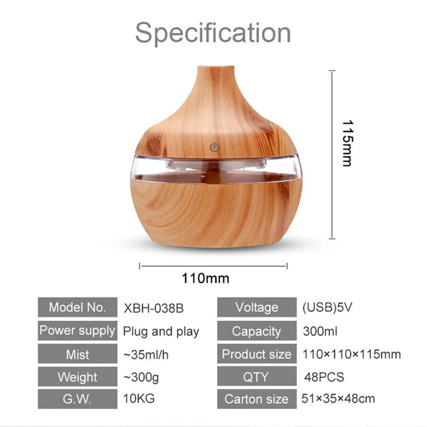 300mL Aroma Essential Oil Diffuser Wood Grain Desktop Air Humidifier Aromatherapy Purifier Mist Maker for Office Home