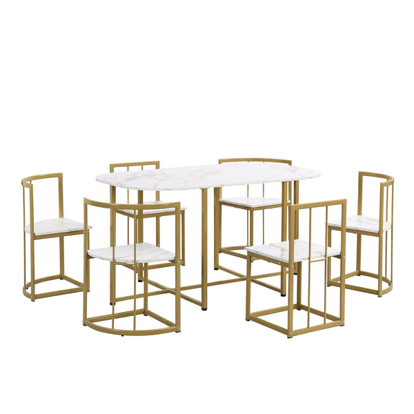 Modern 7-Piece Dining Table Set With Faux Marble Compact 55Inch Kitchen Table Set for 6, Golden+White