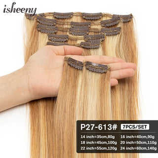 Buy p27-613 Isheeny 14&quot;-24&quot; Clip in Human Hair Extensions Brazilian Remy Natural Clip Human Hair Extension Real Natural Clip on 80g-140g