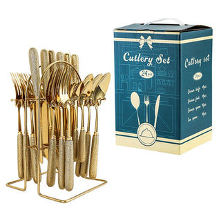 Buy as-the-picture19 24 Pcs Stainless Steel Cutlery Hammer Pattern Ceramic Handle Knife Fork Spoon Set Cutlery Set Travel Cutlery Set Flatware Set