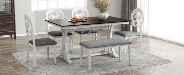 Mid-Century 6-Piece Trestle Table Set With Victorian Round Upholstered Dining Chairs and Long Bench, Gray+Antique White