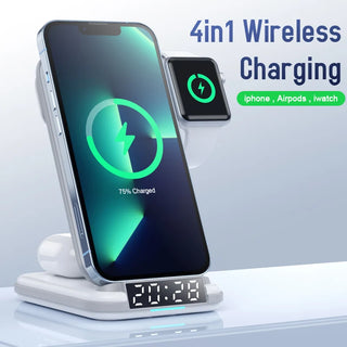 Foldable Alarm Clock 3 in 1 Wireless Charger for Apple Watch8/7/6/AirPods Digital Time Wireless Charger for iPhone 11/12/13/14/