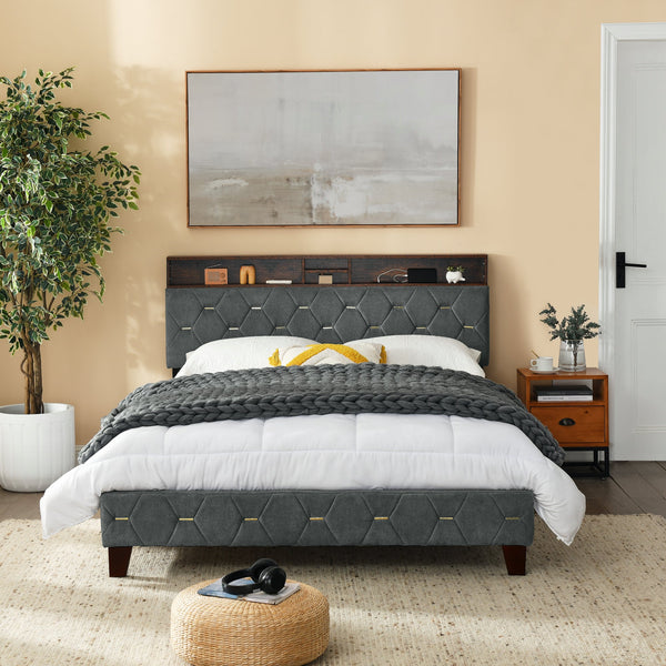 Queen Size Bed Frame, Shelf Upholstered Headboard, Platform Bed With Outlet & USB Ports, Wood Legs, No Box Spring Needed