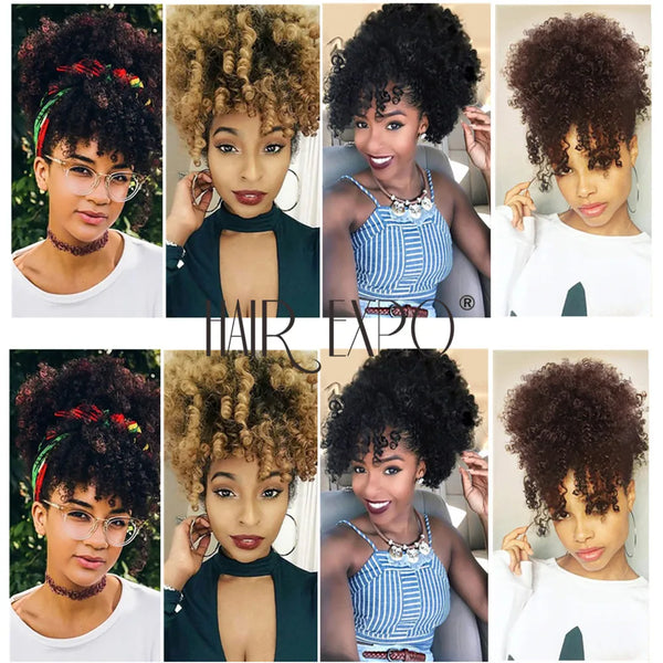 High Puff Afro Kinky Curly Synthetic Ponytail With Bangs Short Chignon Hair Extension Drawstring Clip Hair for Black/White Women