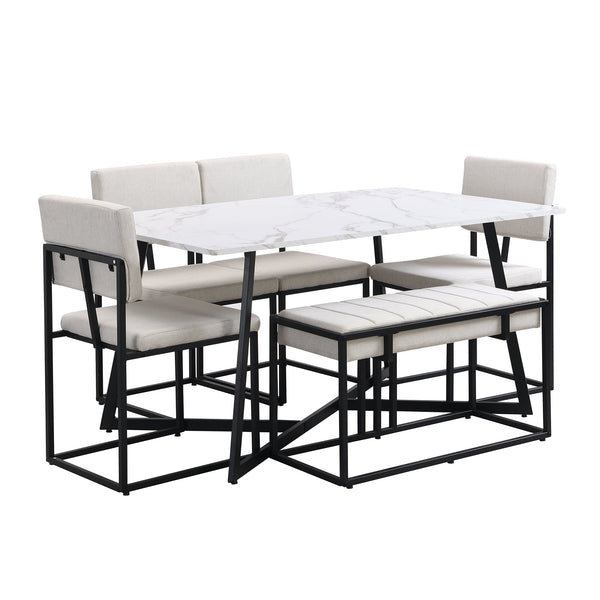 Modern Faux Marble 6-Piece Dining Table Set,60inch Metal Kitchen Table Set With Upholstered Dining Chairs and Bench, Bla