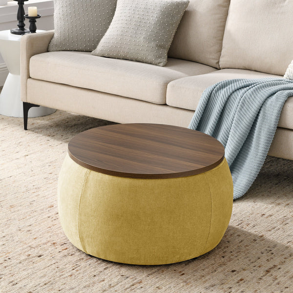 Round Storage Ottoman, 2 in 1 Function, Work as End Table and Ottoman,  Yellow  (25.5"x25.5"x14.5")