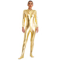 Womens Metallic Shiny Zentai Jumpsuit Mock Neck Long Sleeve Zipper Full Body Unitard Tights for Gymnatics Performance Clubwear