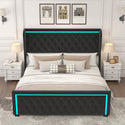 Queen Platform Bed Frame With High Headboard, Velvet Upholstered Bed With Deep Tufted Buttons, Adjustable Colorful LED L