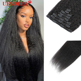 Kinky Straight Clips in Human Hair Extensions Natural Color in Brazilian 100% Remy Human Hair 120G 8Pcs/Set Full Head for Women