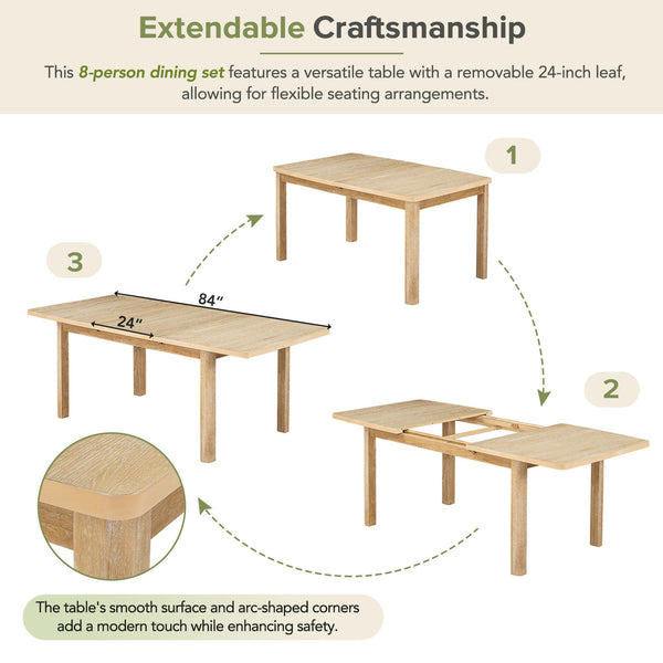 Rustic Extendable 84inch Dining Table Set With 24inch Removable Leaf , 6 Upholstered Armless Dining Chairs and 2 Padded