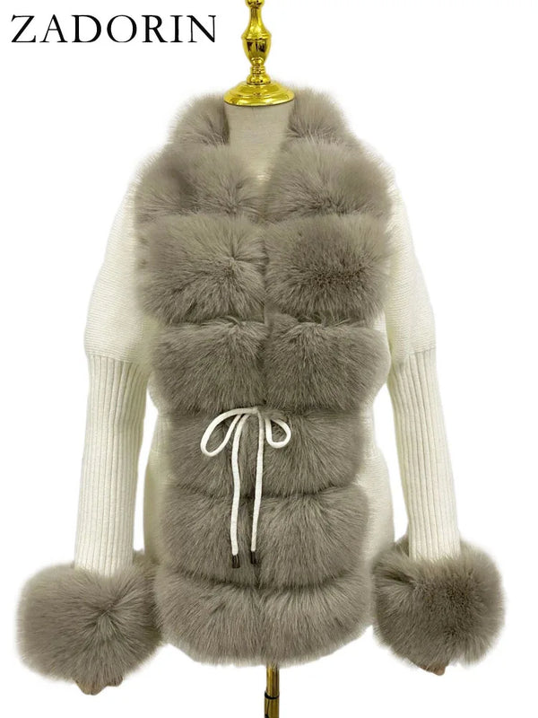 ZADORIN Fall Winter Women Faux Fur Coat Luxury Knitted Sweater Fur Cardigan Detachable Collar White Pink Jacket Faux Fur Coats