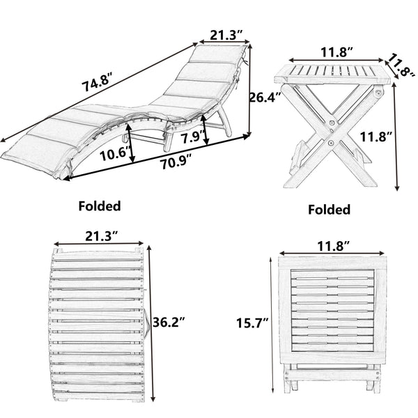 Outdoor Patio Wood Portable Extended Chaise Lounge Set With Foldable Tea Table for Balcony, Poolside, Garden, Brown