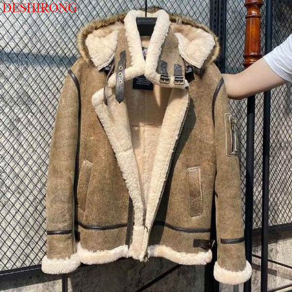 High Quality Winter Bomber Jacket Men Original Ecology Men Wool Coats Motorcycle Real Sheepskin Mens Fur Coat