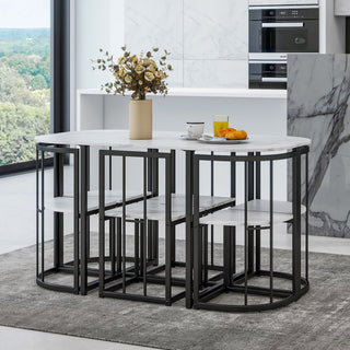 Modern 7-Piece Dining Table Set With Faux Marble Compact 55Inch Kitchen Table Set for 6, Black+White