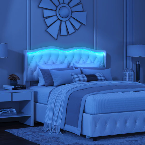 Queen Platform Bed Frame , Velvet Upholstered Bed With Deep Tufted Buttons and Nailhead Trim, Adjustable Colorful LED Li