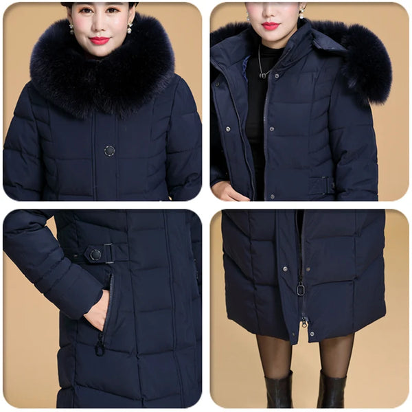 2023 New Winter Jacket Women Hooded Fur Collar X-Long Thicken Middle-Aged Womens Winter Coats Cotton Long Parkas High Quality