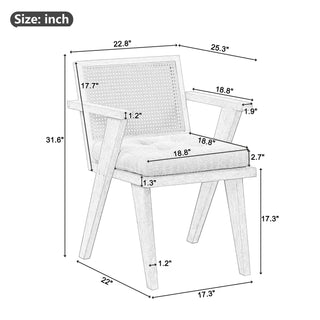 Mid-Century Accent Chair With Handcrafted Rattan Backrest and Padded Seat for Leisure, Bedroom, Kitchen, Living Room, En