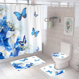 Buy b5 4 Pcs Shower Curtain Sets With 12 Hooks Flowers Floral With Non-Slip Rugs Toilet Lid Cover and Bath Mat Bathroom Decor Set