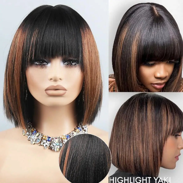 Rosabeauty Put on and Go Realistic Yaki Straight Short Bob With Bangs Minimalist 100% Human Hair Brown Highlight Lace Wig