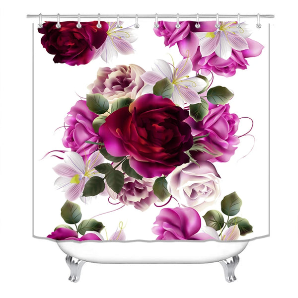 4 Pcs Shower Curtain Sets With 12 Hooks Flowers Floral With Non-Slip Rugs Toilet Lid Cover and Bath Mat Bathroom Decor Set