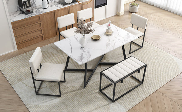 Modern Faux Marble 6-Piece Dining Table Set,60inch Metal Kitchen Table Set With Upholstered Dining Chairs and Bench, Bla