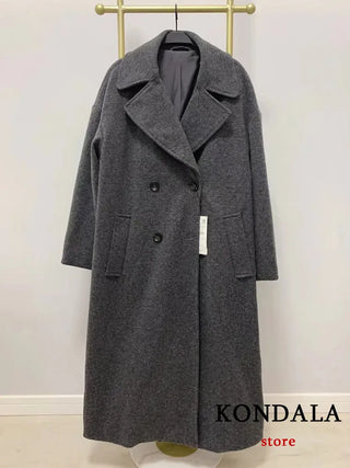 Buy high-quaity-gray KONDALA Women Autumn Winter Thick Long Coats Vintage v Neck Long Sleeve Pockets Jackets Fashion 2023 Elegant Female Coats