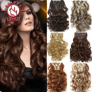 16 Clips Clip in Hair Extension Long Synthetic Hair Heat Resistant Hairpiece Natural Wavy Ombre Hair Piece 6Pcs/Set 20Inch LIHUI