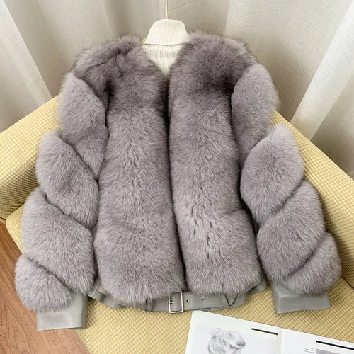 BFFUR Winter Fashion Real Fox Fur Coats for Women Locomotive Style Genuine Sheep Leather Jacket Natural Fox Fur Coat Female 2022