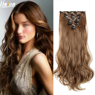 HAIRRO 17" Women  16 Clips Long Straight Synthetic Hair Extensions Clips in High Temperature Fiber Black Brown Hairpiece