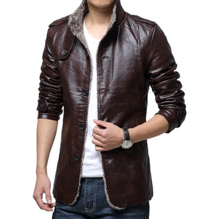 Buy coffee 2024 Winter Warm Faux Leather Jacket Men Solid Long Sleeve PU Leather Coat Stand Collar Thick Slim Fit Men Jacket Trench Coats