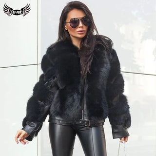 BFFUR Winter Fashion Real Fox Fur Coats for Women Locomotive Style Genuine Sheep Leather Jacket Natural Fox Fur Coat Female 2022