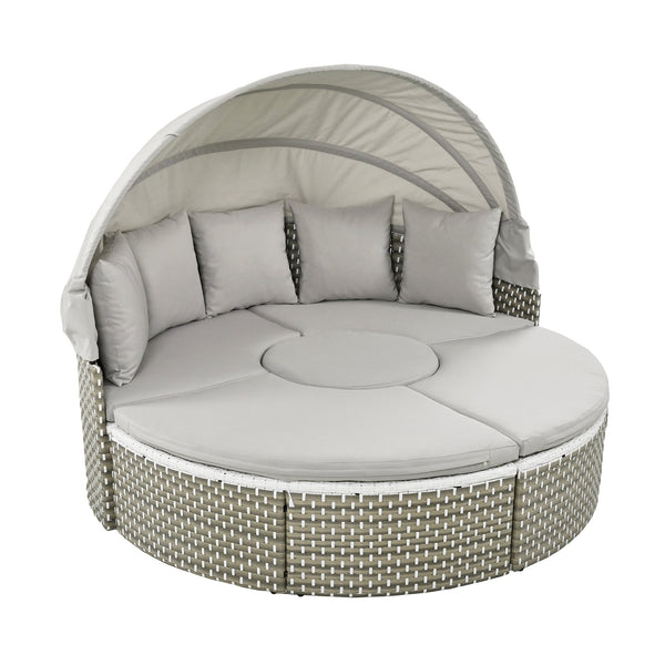 Patio Furniture Round Outdoor Sectional Sofa Set Rattan Daybed Two-Tone Weave Sunbed With Retractable Canopy, Separate S