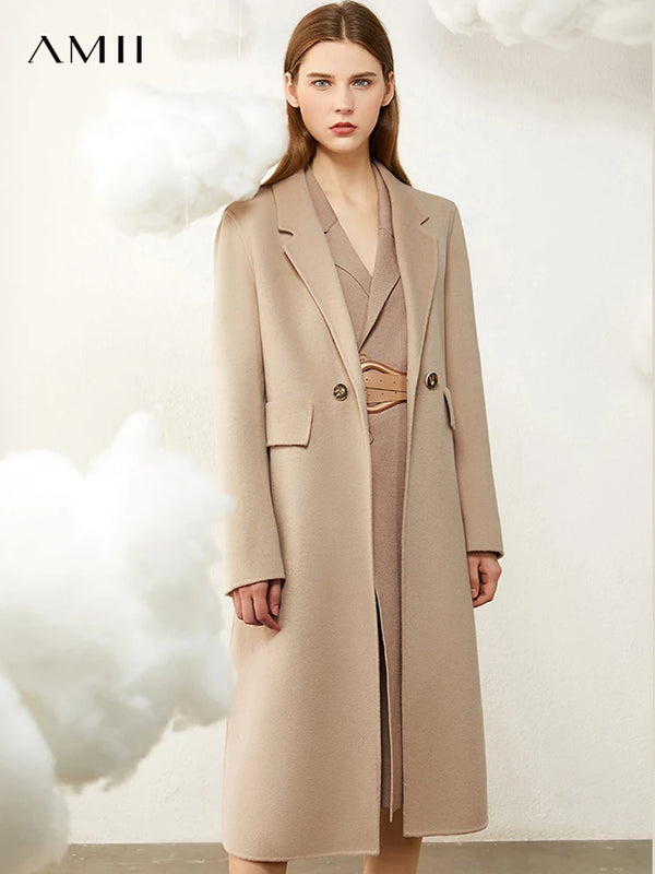 Amii Minimalism Winter 100%wool Women's Coat Temperament Lapel Knee-Length Double-Sided Woolen Coat Winter Coat Women 12030467