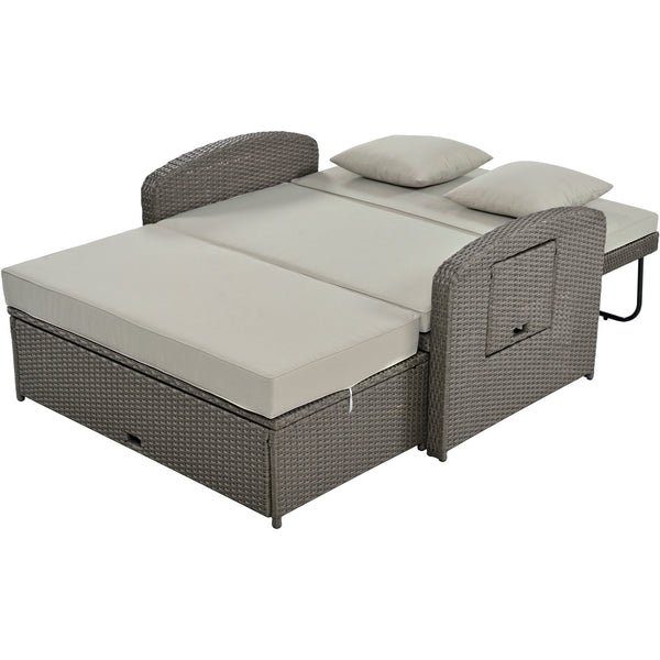 PE Wicker Rattan Double Chaise Lounge, 2-Person Reclining Daybed With Adjustable Back and Cushions, Free Furniture Prote