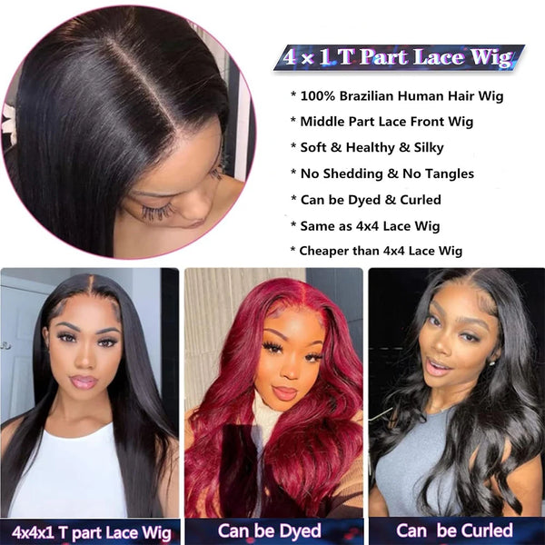 180 Density 4x4x1 T Part Lace Front Wig Straight Lace Wigs for Women Preplucked Brazilian Cheap Wigs on Sale Clearance