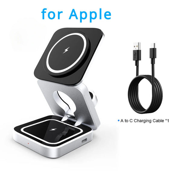 Travel 3 in 1 Magnetic Wireless Charger Foldable Stand Dock for IPhone 15, 14, AirPods,iwatch for Apple / for Samsung Galaxy S23